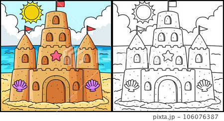 Sandcastle summer coloring page illustration