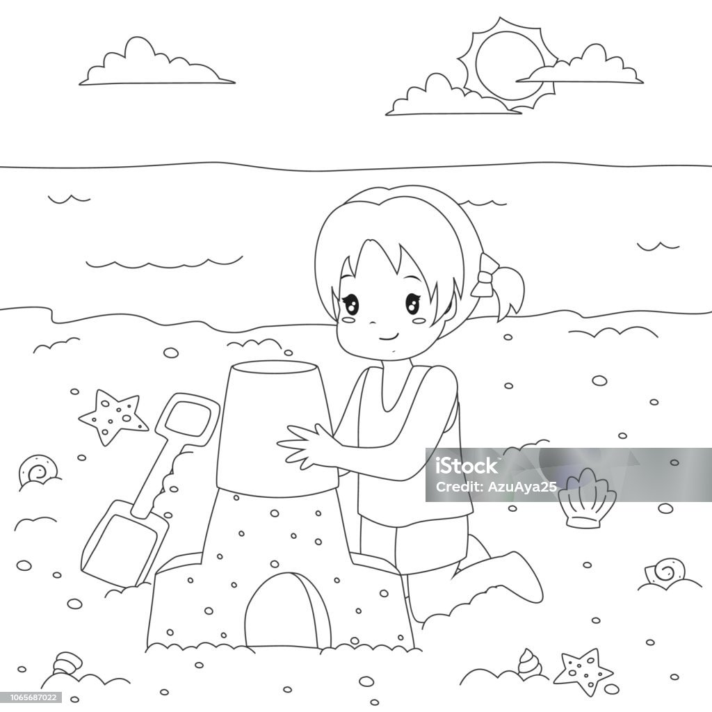 Happy girl making sand castle coloring page cartoon vector stock illustration