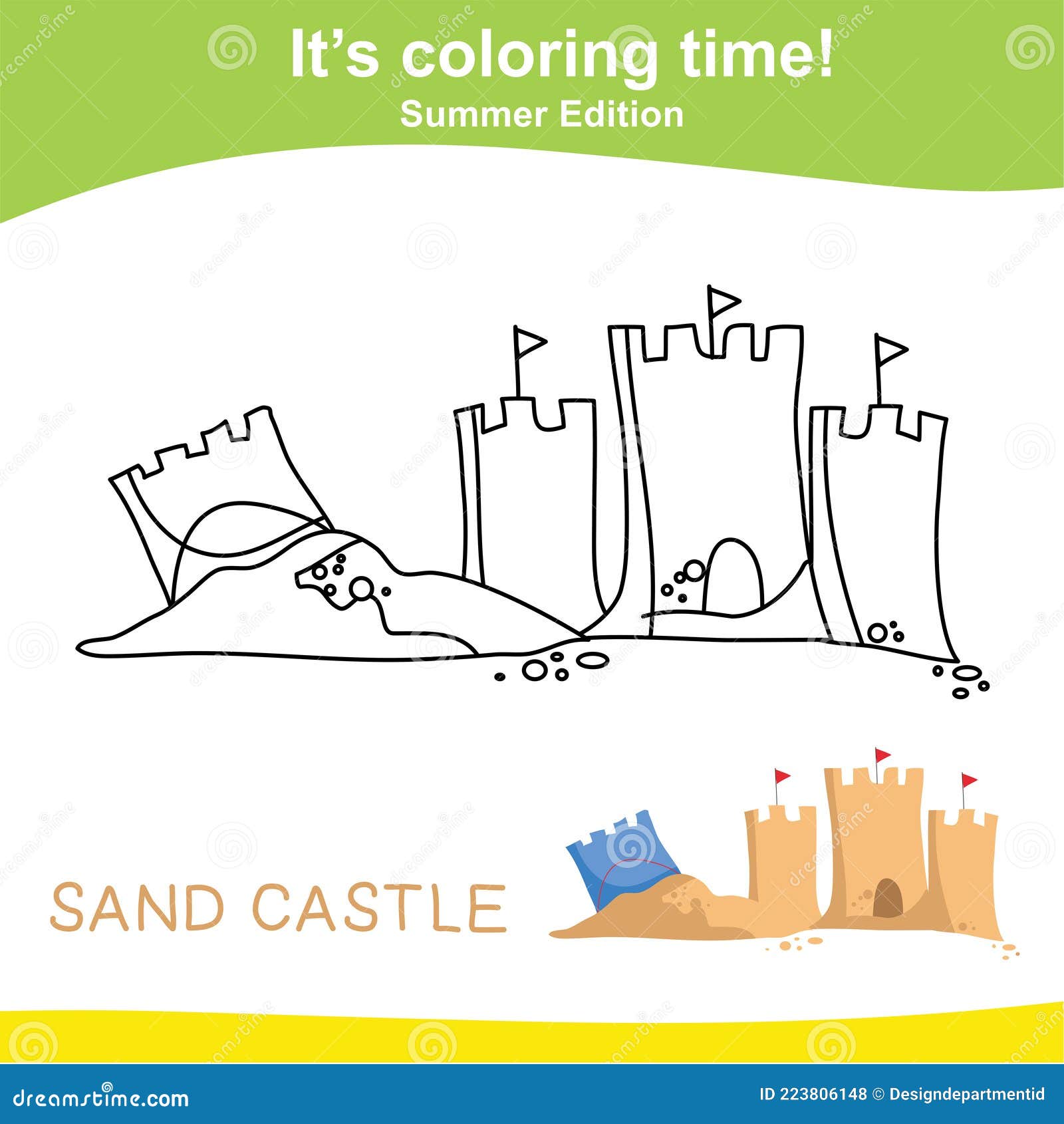 Coloring sand castle worksheet page educational printable coloring worksheet stock vector