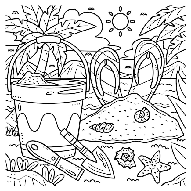 Premium vector summer sand castle tools coloring page for kids