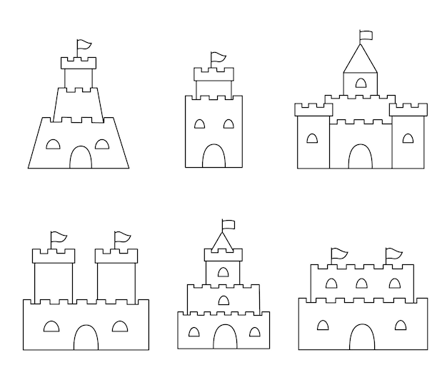 Premium vector collection of black and white sand castles coloring page