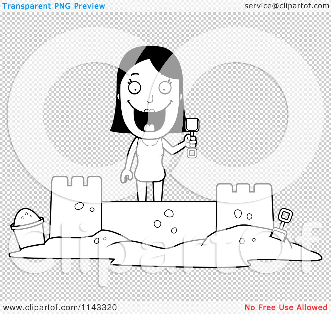 Cartoon clipart of a black and white summer woman building a sand castle