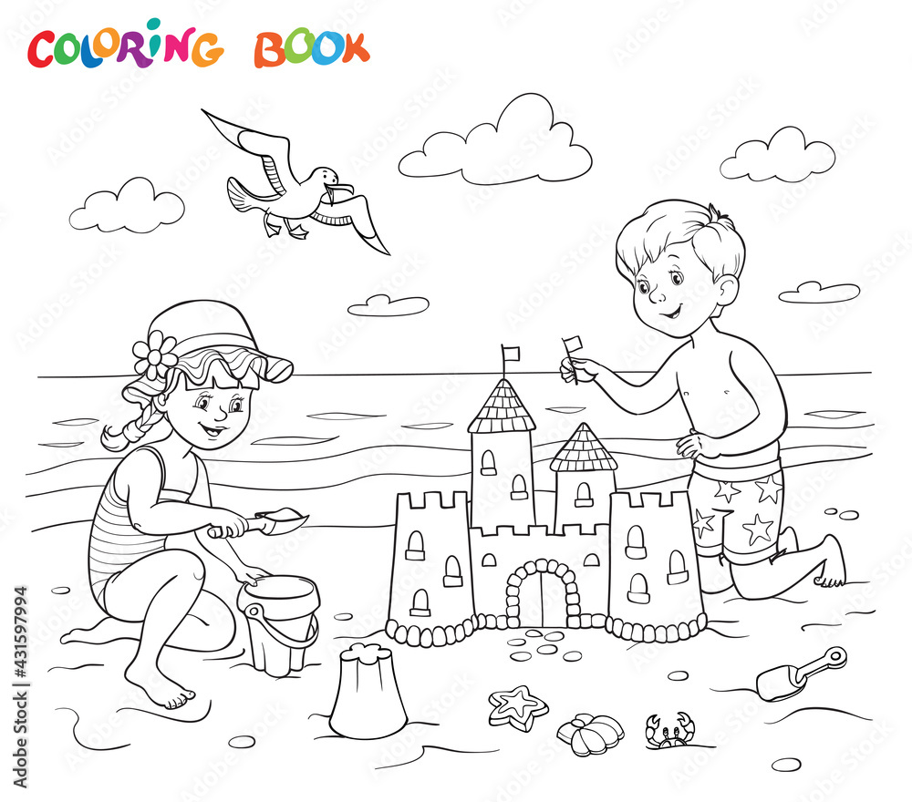 Coloring book or page a girl and a boy are playing on the beach near the sea the boy is building a sandcastle the girl plays with a bucket and sand