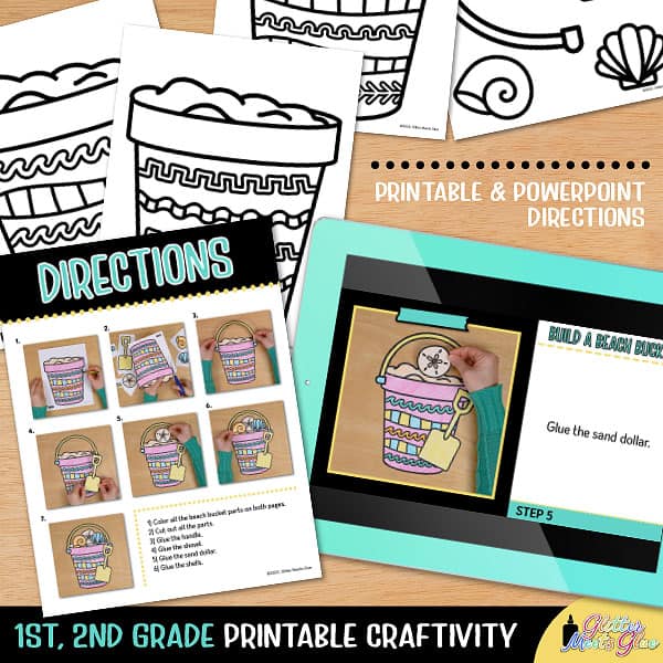 Beach bucket coloring craft â summer writing activity template