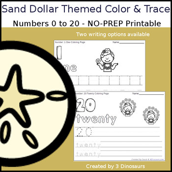 Sand dollar themed number color and trace by dinosaurs tpt