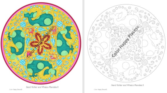 Sand dollar and whales mandala ii coloring page digital download