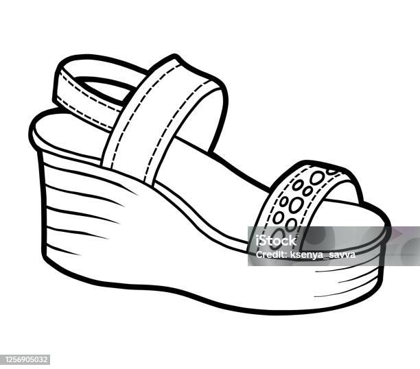 Coloring book cartoon shoe collection wedgeheeled sandal stock illustration