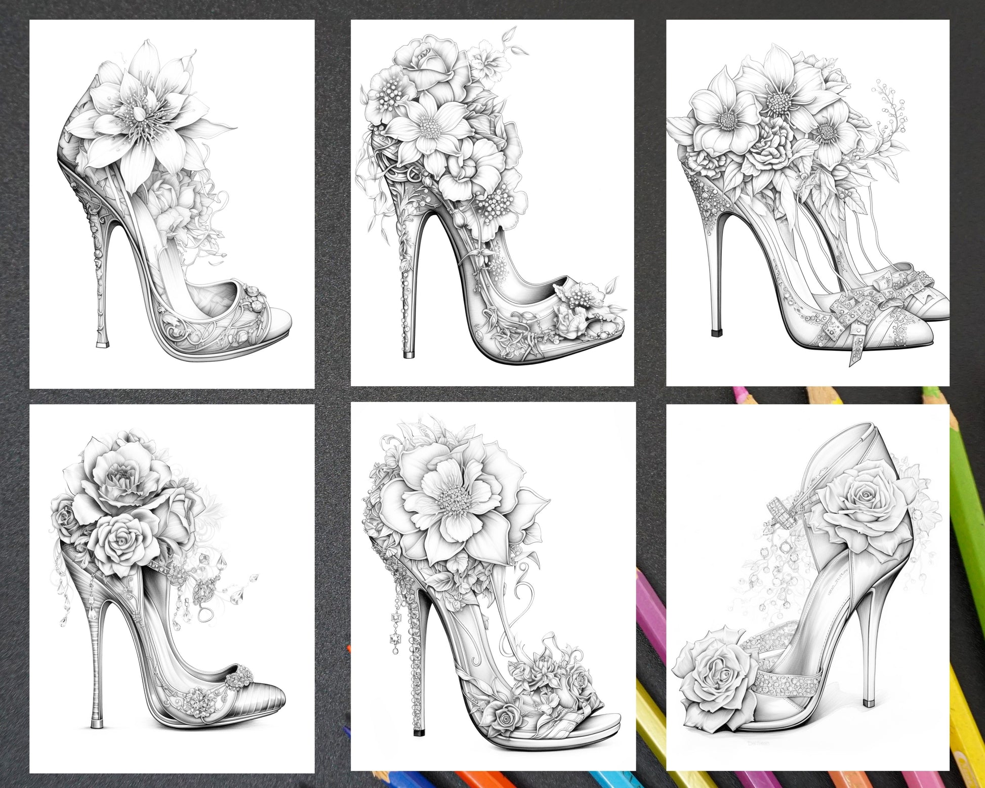 Flower wedding shoes grayscale coloring pages printable for adults â coloring