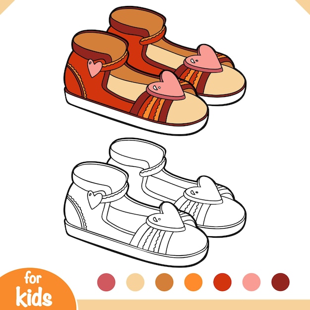 Premium vector coloring book cartoon shoe collection kids sandals with heart sign