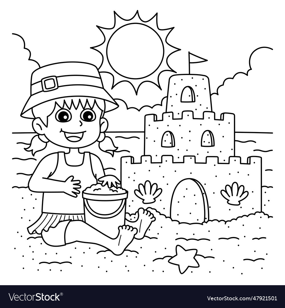 Girl building a sandcastle summer coloring page vector image