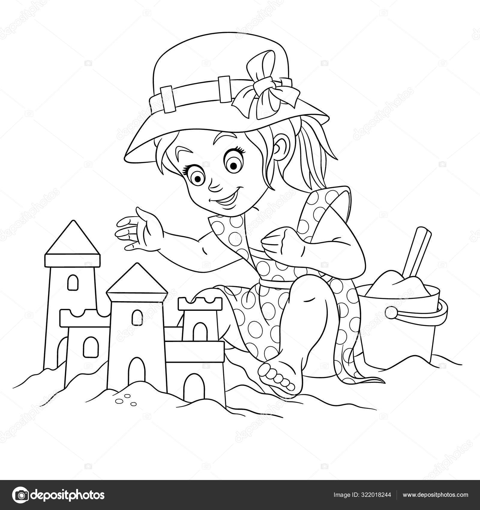 Coloring page with girl building sand castle stock vector by sybirko