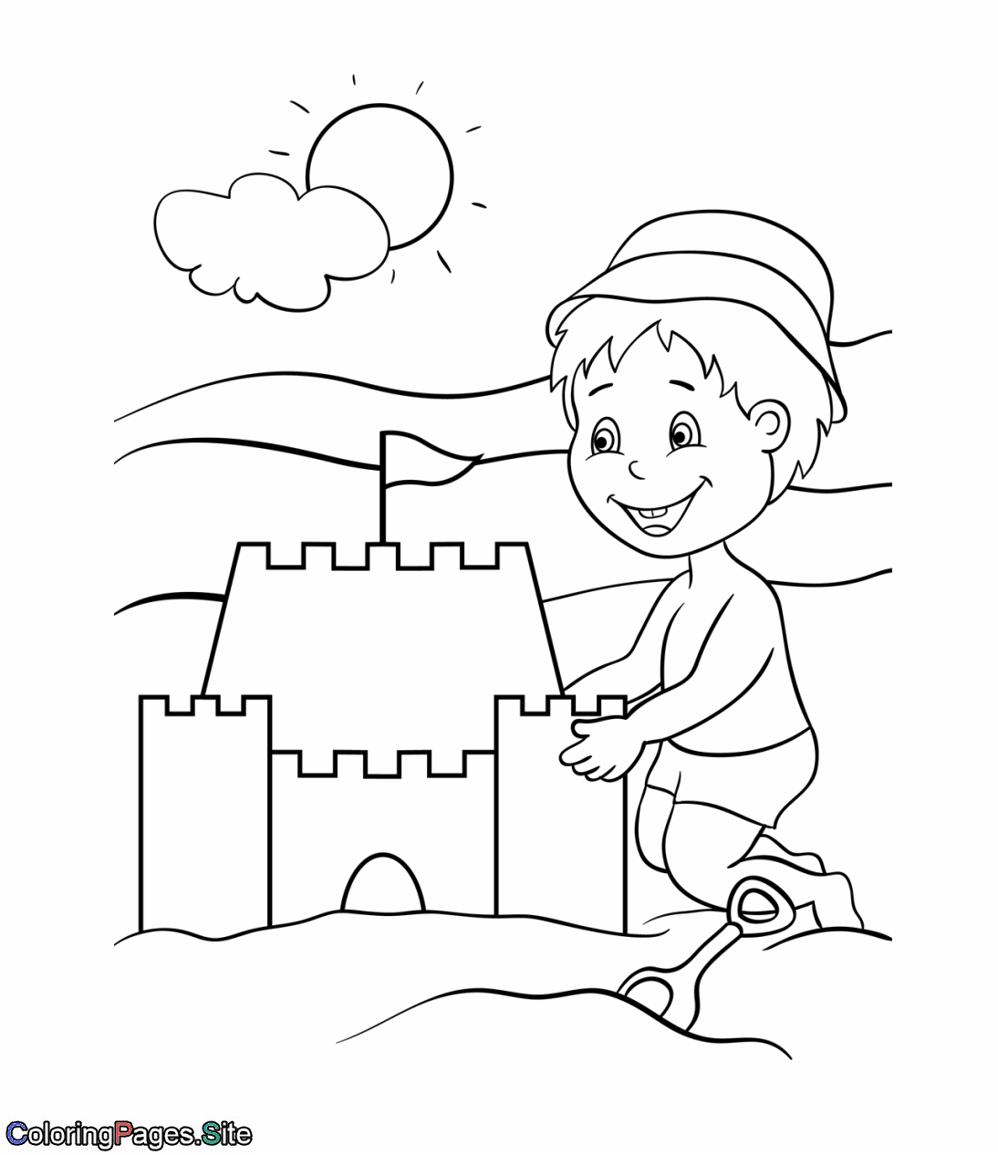 Boy builds a sandcastle coloring page