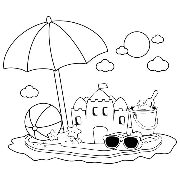 Summer vacation island with beach umbrella a sandcastle and other beach toys black and white coloring book page stock illustration