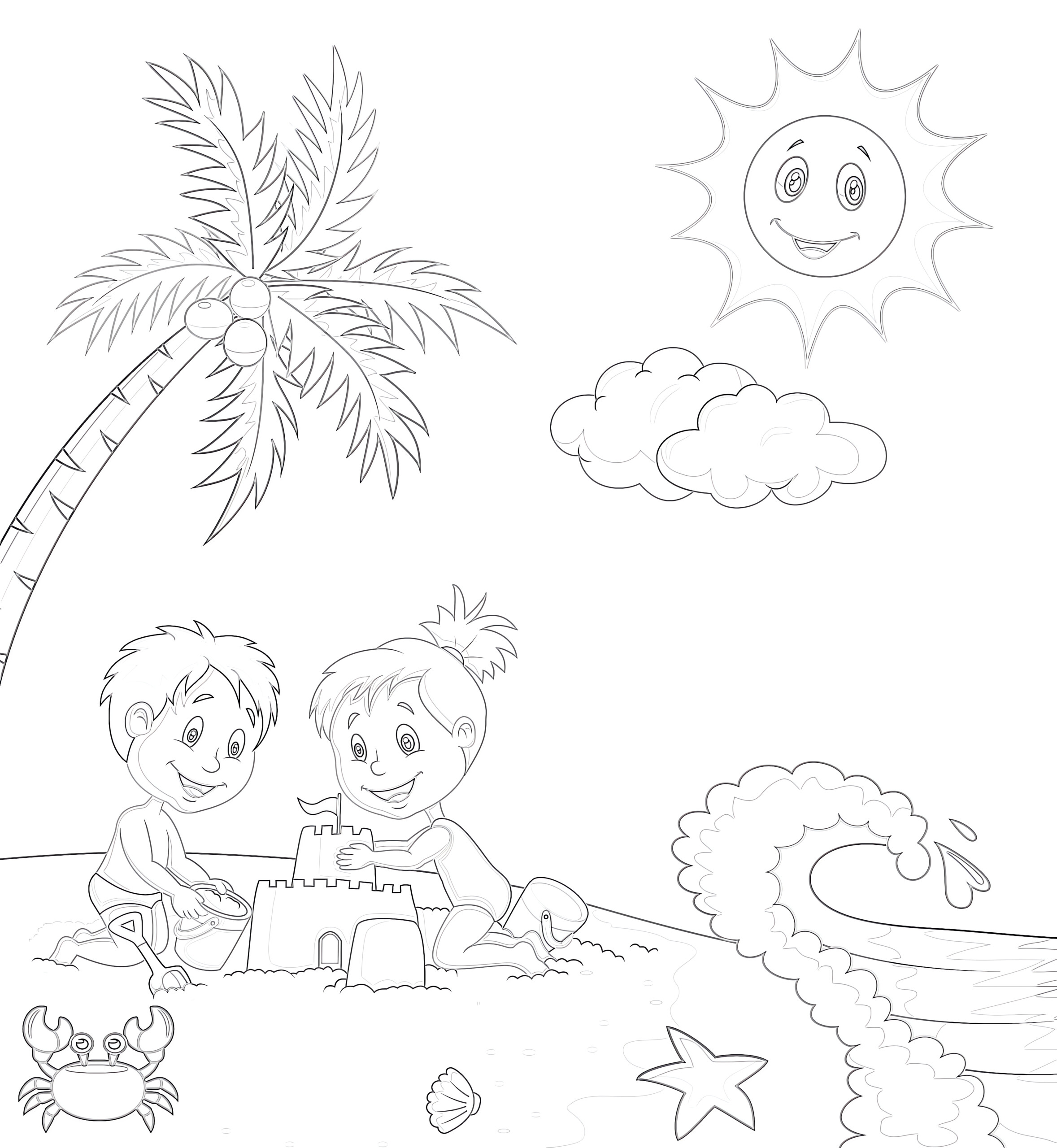 Printable children making sand castle coloring page