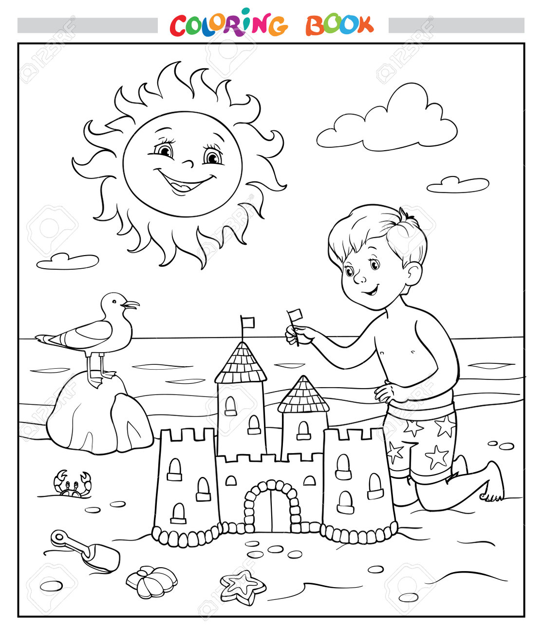 Coloring book or page the boy is building a sandcastle on the beach near the sea the sun smiles in the sky and the seagull on the stone royalty free svg cliparts