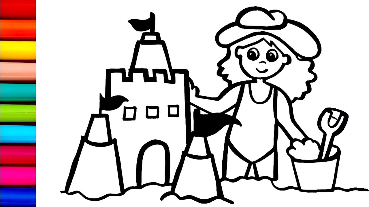 Sand castle drawing colouring and painting for kids toddlers how to draw sand castle drawing