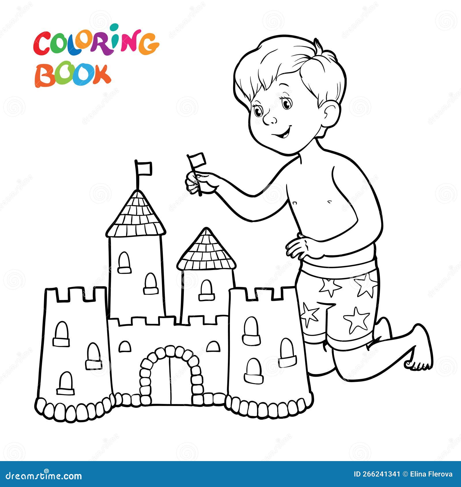 Coloring page the boy is building a sandcastle on the beach stock vector