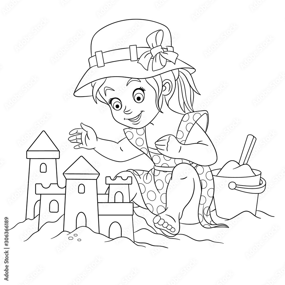 Coloring page with girl building sand castle vector