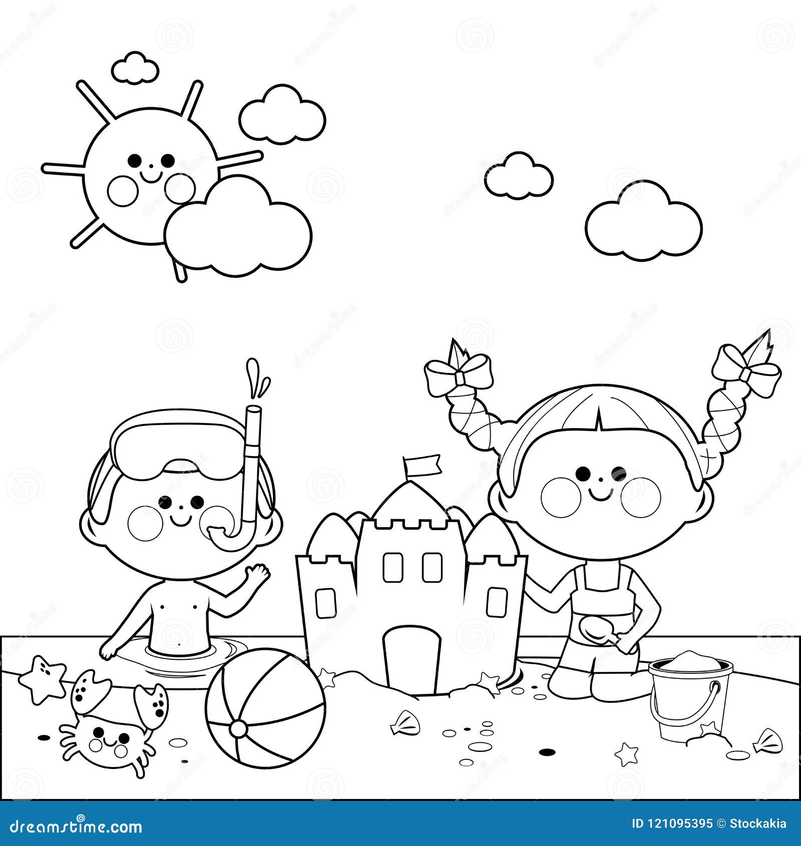 Children at the beach swimming and building a sandcastle vector black and white coloring page stock vector