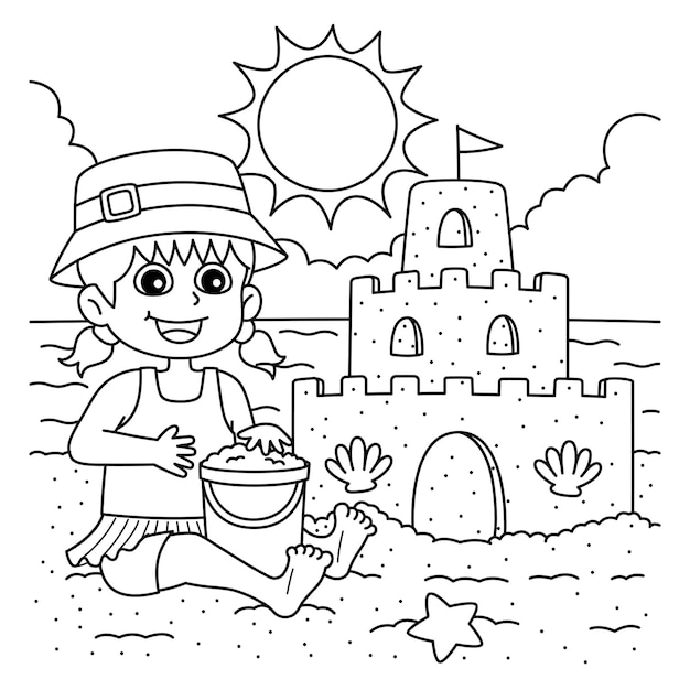 Premium vector a cute and funny coloring page of a girl building a sandcastle provides hours of coloring fun for children color this page is very easy suitable for little kids