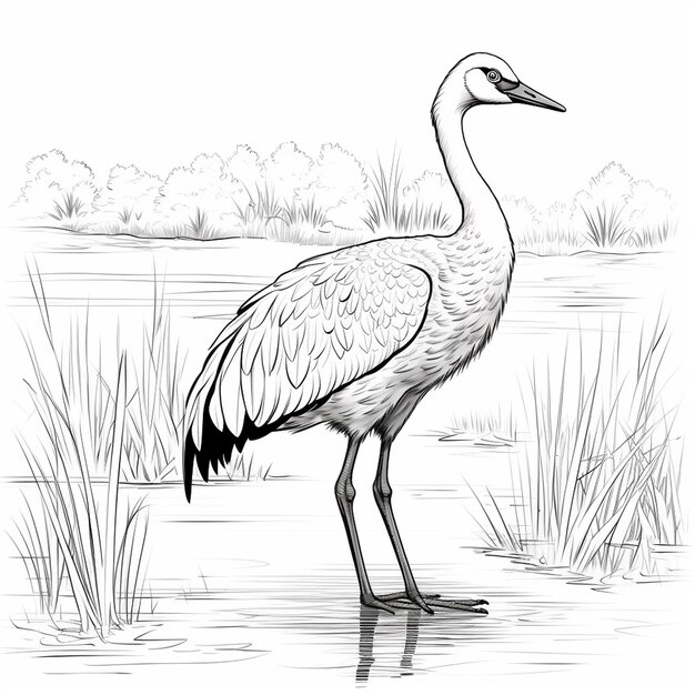 Premium ai image sandhill crane drawings cute flat coloring book kawaii line art