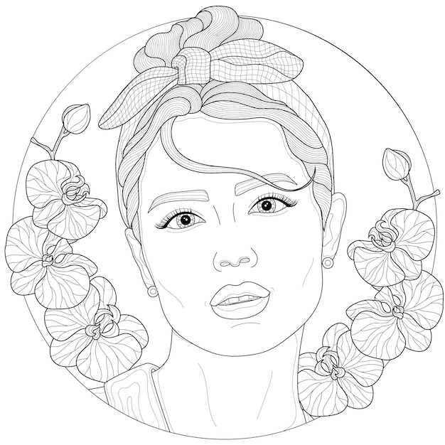 Premium vector girl with a rim on her head and orchids aroundcoloring book antistress for children and adults illustration isolated on white backgroundzen