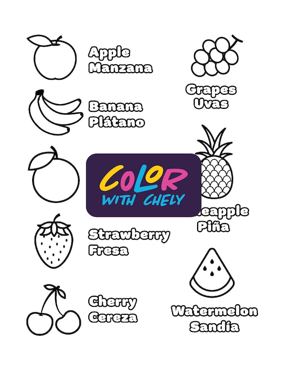 Fruits in spanish coloring page instant download learn the fruits in spanish download now