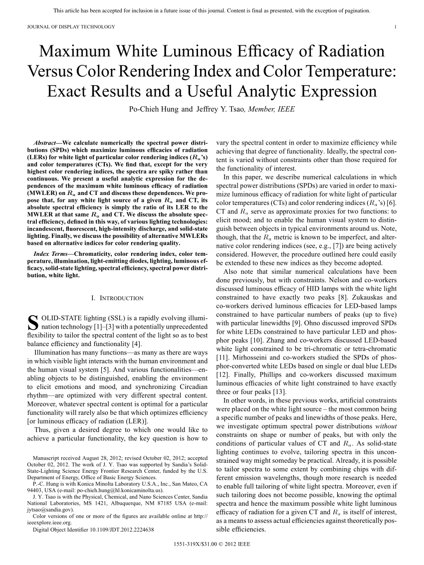 Pdf maximum white luminous efficacy of radiation versus color rendering index and color temperature exact results and a useful analytic expression