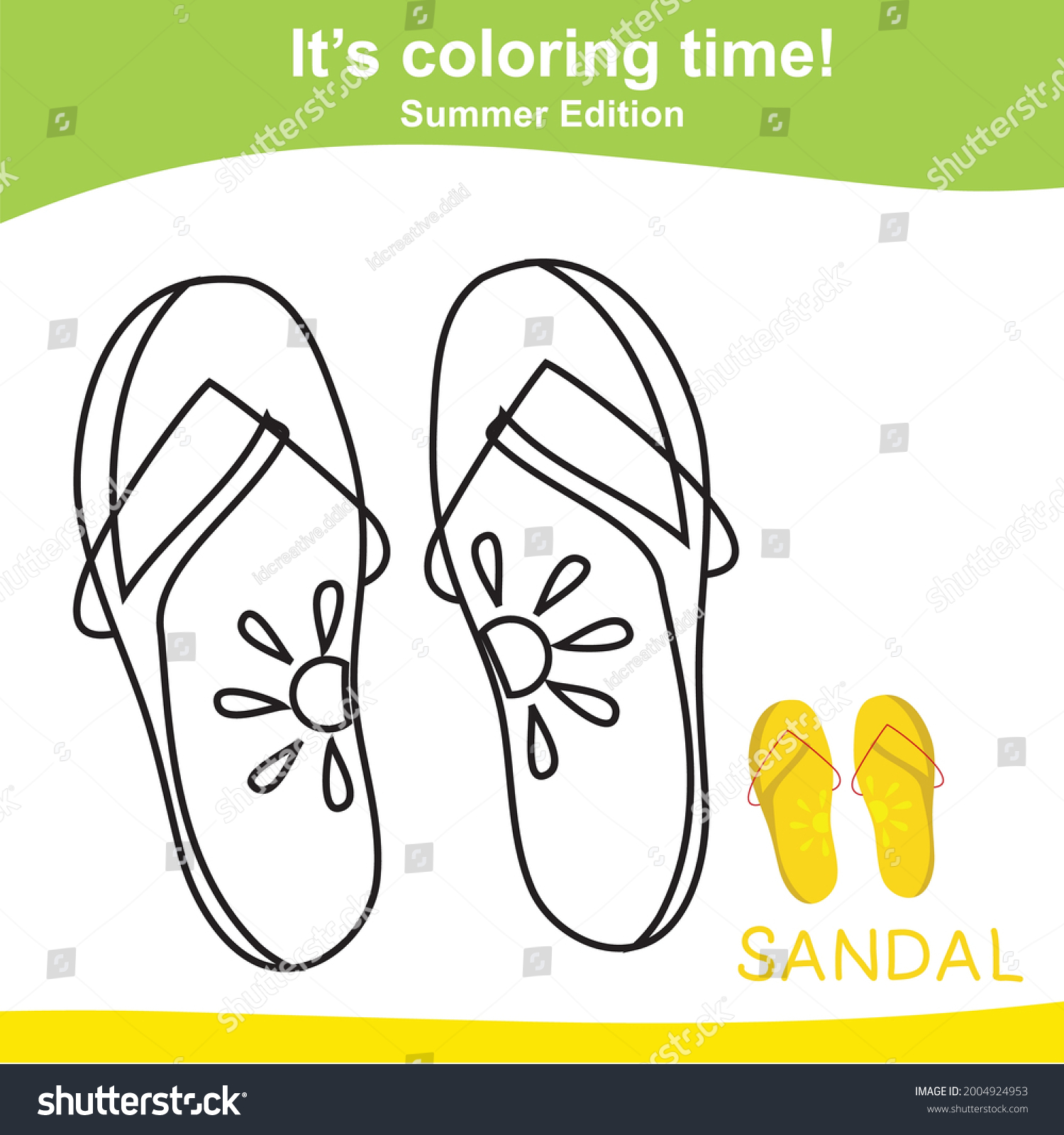 Coloring sandal worksheet page educational printable stock vector royalty free