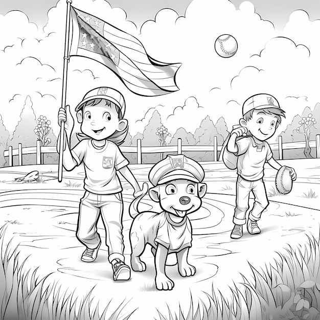 Premium ai image baseball on the sandlot coloring page golden retriever and american flag