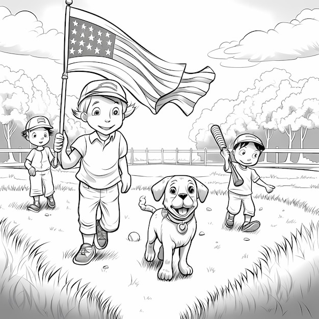 Premium ai image baseball on the sandlot coloring page golden retriever and american flag