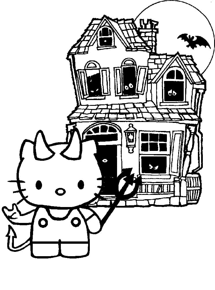 Hello kitty and haunted house coloring page