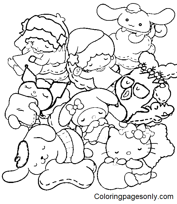 Sanrio characters sleeping coloring page