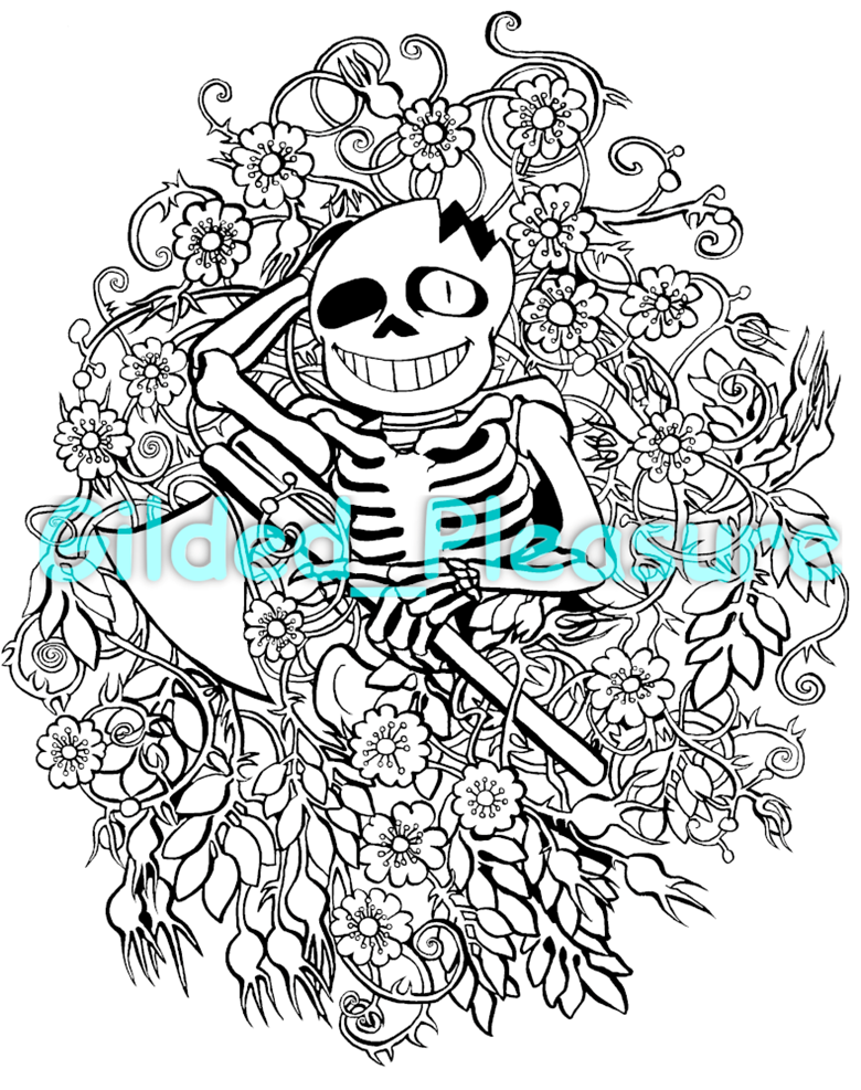 Horror sans and dog roses coloring page white and transparent bgs