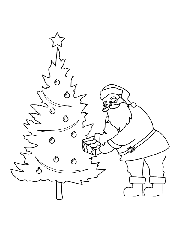 Printable santa claus and christmas tree coloring page