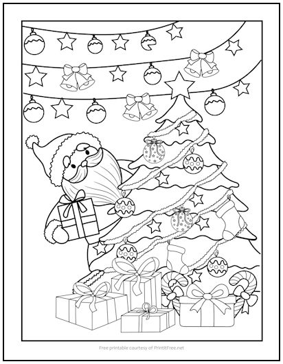 Santa at the christmas tree coloring page print it free