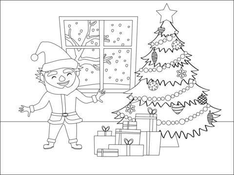 Santa claus christmas tree and presents coloring page free printable coloring pages