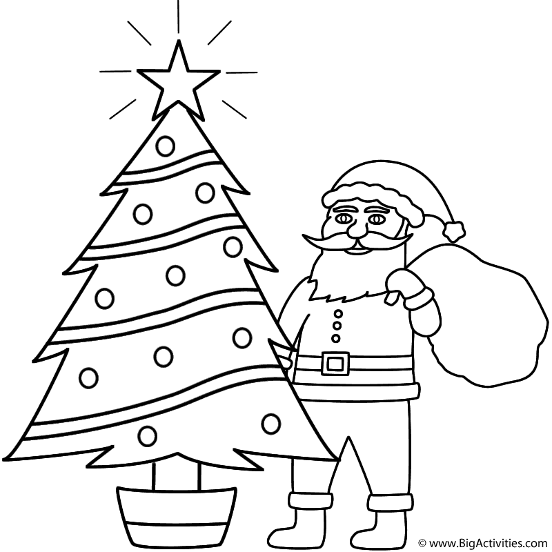 Santa claus behind christmas tree