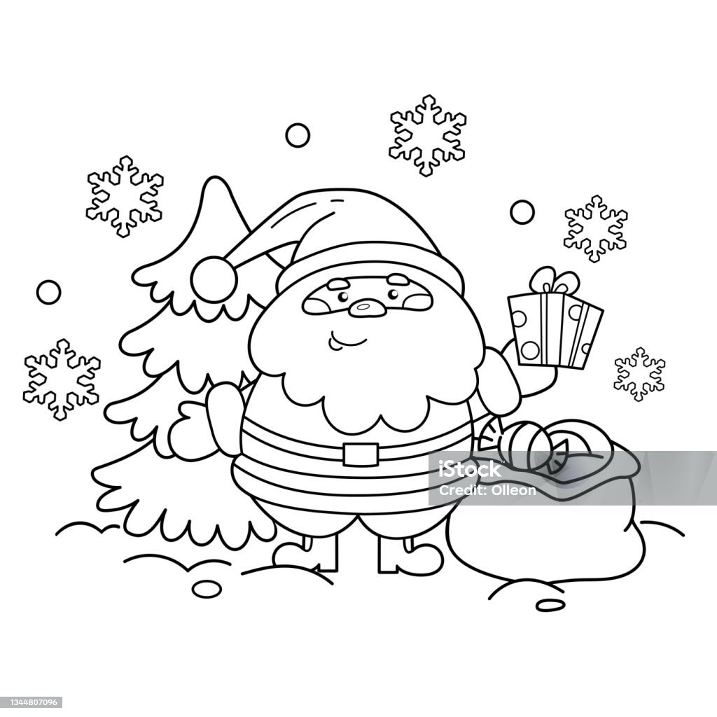 Coloring page outline of santa claus with gifts bag and christmas tree new year christmas coloring book for kids stock illustration