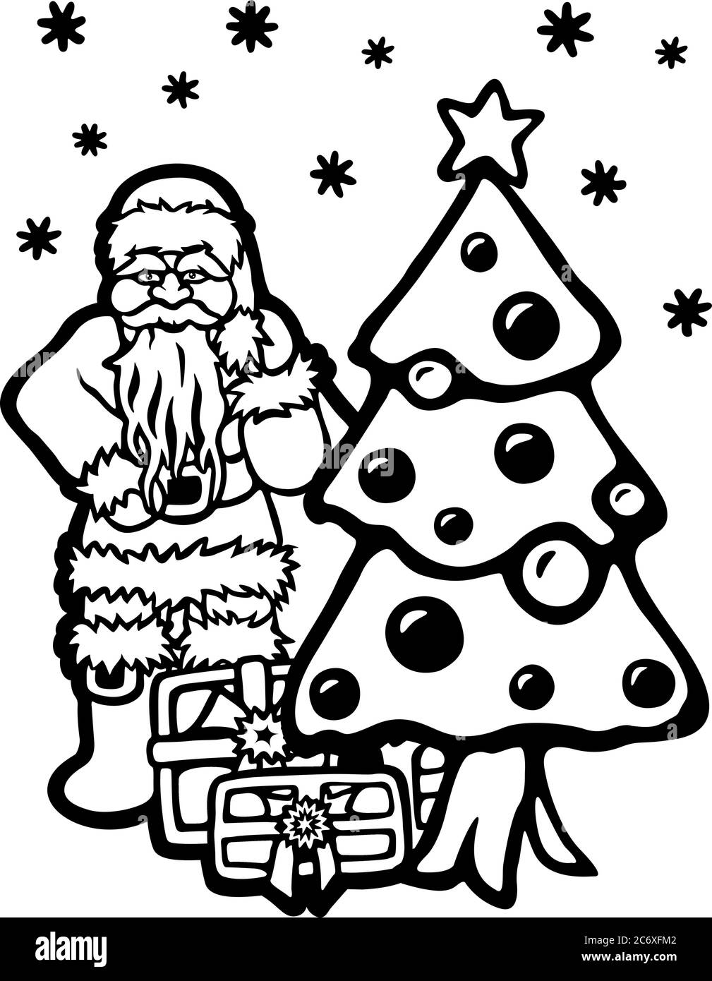 Coloring book page with cartoon santa christmas tree and gifts on white backgrounds stock vector image art