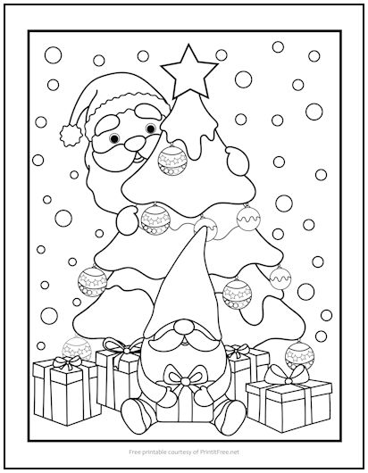 Santa and gnome christmas tree coloring page print it free