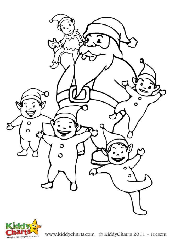 Free santa and his little elf colouring to download and print