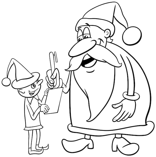 Premium vector cartoon santa claus character with christmas elf coloring page