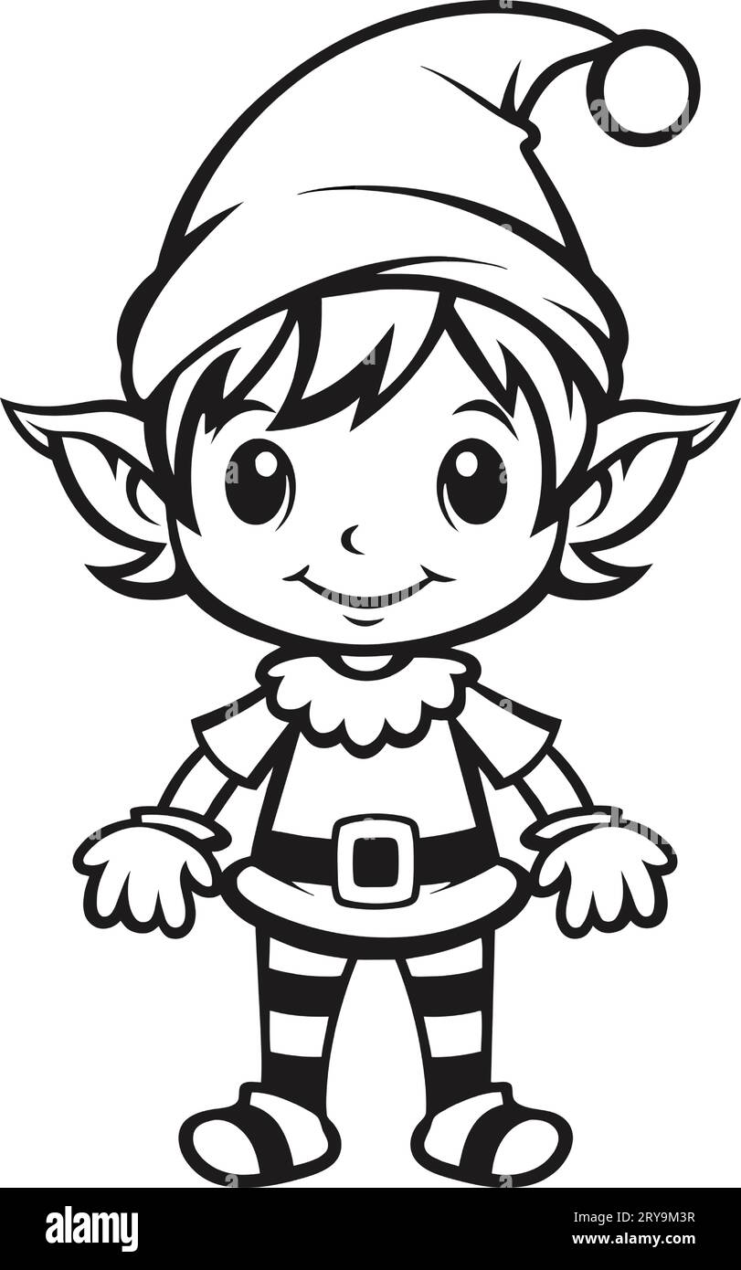 Colorless cartoon christmas elf black and white template page for coloring book with santa claus helper elf cute smiling gnome in costume stock vector image art