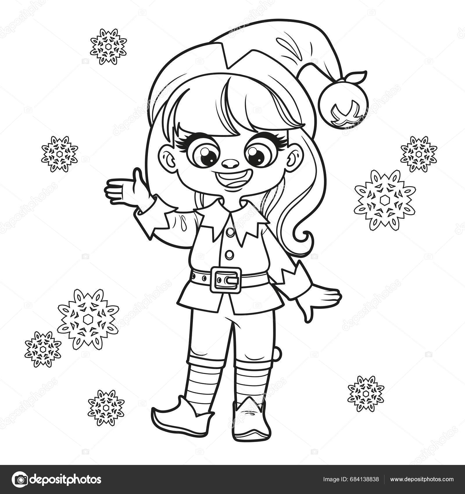 Cute cartoon girl santa elf suit outlined coloring page white stock vector by yadviga