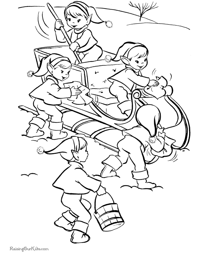 Santa sleigh and elves coloring page