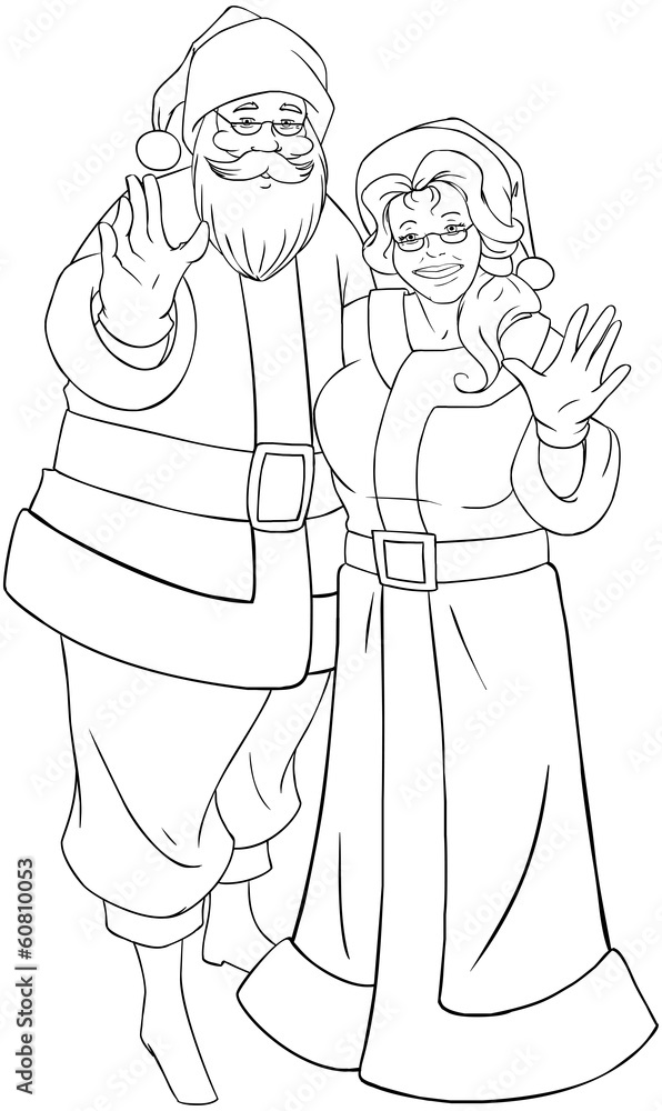 Santa and mrs claus waving hands for christmas coloring page vector