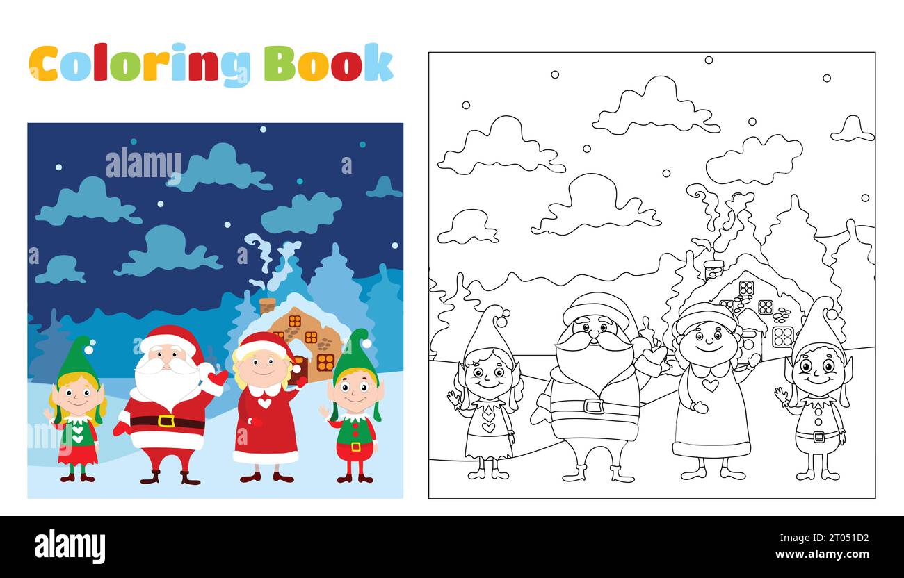 Christmas coloring book for children and adults a feeling of celebration and funsanta claus mrs santa and little pretty elves stock vector image art