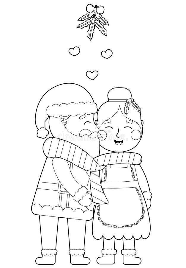 Santa and mrs claus kissing under the mistletoe coloring page for christmas chldren activity book printable worksheet stock vector