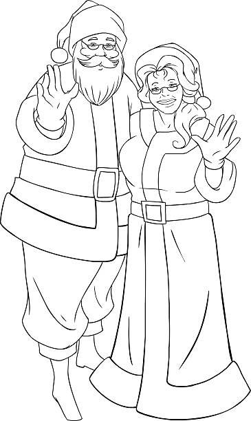 Santa and mrs claus waving hands for christmas coloring page stock illustration